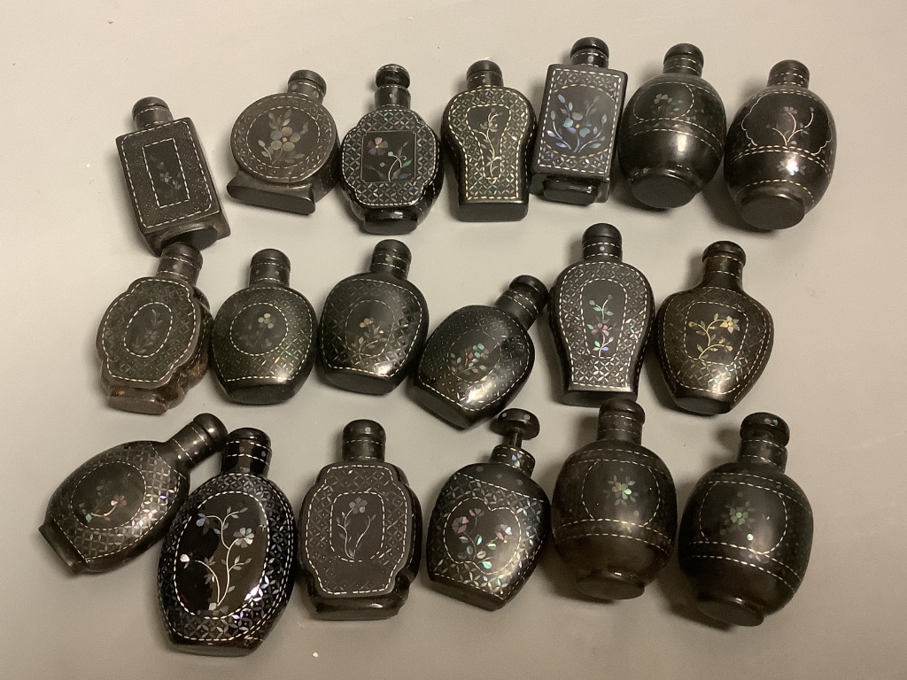 Nineteen various inlaid black lacquer snuff bottles